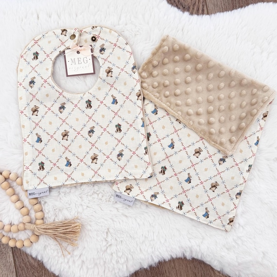 Peter Rabbit Baby-to-Toddler Adjustable Snap Bib & Burp Cloth Set- Beatrix Potter Gift -Soft Cotton, Absorbent, Lattice Design