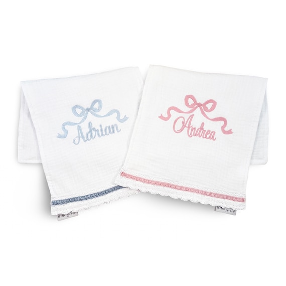 Absorbent Cotton Baby Burp Cloths { Heirloom Collection } White, Blue, Pink, Lilac, Beige + Lovely Embroidered Bow with Name or Initials