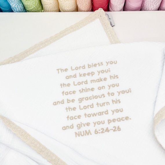 White Baby Swaddle Blanket + Tan Crochet Trim { The Lord Bless You and Keep You } Numbers 6:24-26 Verse -Christening, Baptism, Dedication