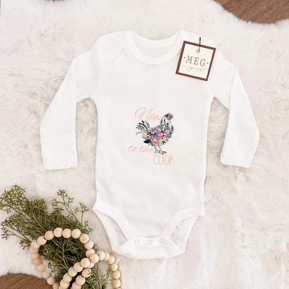 Custom Newborn Baby Girl Bodysuit, Personalized { New to the Coop } Embroidered with Floral Chicken, Gender Reveal Announcement, Shower Gift