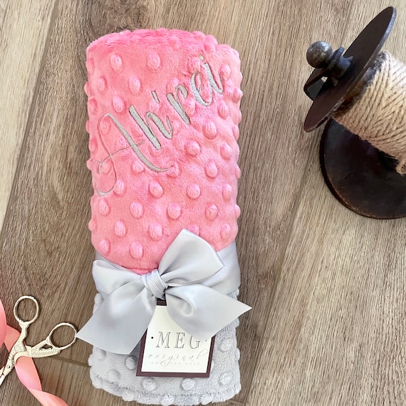 Coral & Gray Minky Dot Baby Girl Blanket + Option to Personalize with Name or Initial Monogram - Shower Gift - Crib, Stroller, Security Size