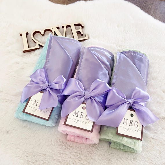 Pastel Minky Dot & Lavender Satin Baby Girl Blanket in Security/Lovey Size or Stroller/Snuggle Size with Embroidered Name or Initials