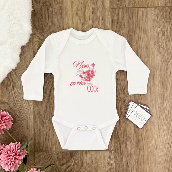 Custom Newborn Baby Girl Bodysuit, Personalized { New to the Coop } Embroidered with Floral Chicken, Gender Reveal Announcement, Shower Gift