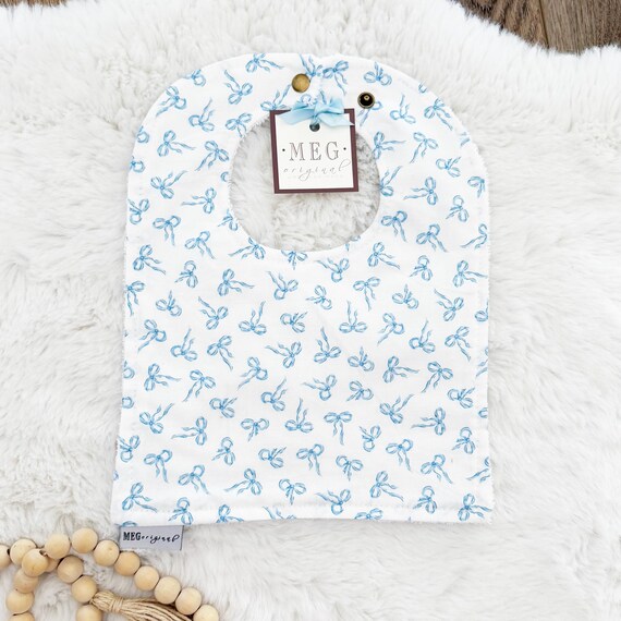 Blue Bows Bib { Baby-to-Toddler Adjustable Snap Bibs } Soft Cotton, Absorbent, & Personalizable