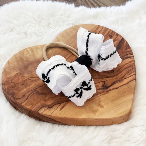 Black & White Lace Bows Baby/Toddler/Little Girl Hair Bow on Super Soft Nylon Headband { Heirloom Collection } Popular Shower Gift