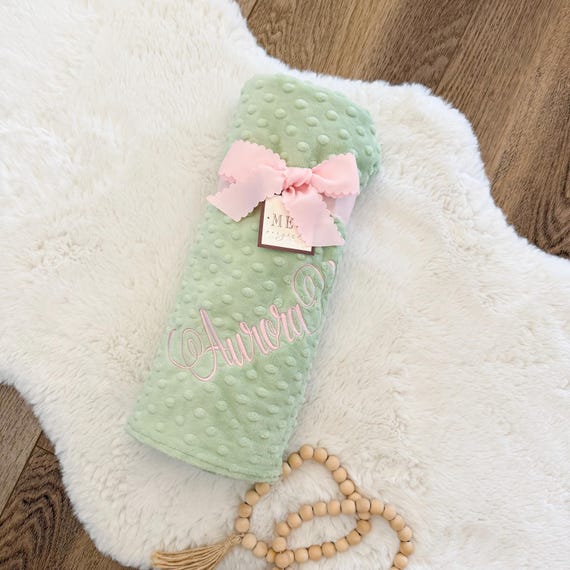 Sage Green Minky Dot Baby Blanket – Personalized Monogram Gift