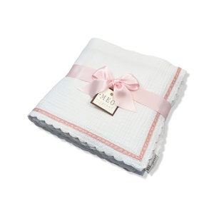 Heirloom Baby Girl Blanket { White & Pink } Cotton Swaddle Blanket with Delicate Pink Velvet Stripe on White Crochet Trim Finishing