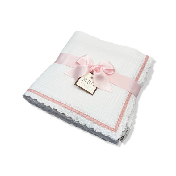 Heirloom Baby Girl Blanket { White & Pink } Cotton Swaddle Blanket with Delicate Pink Velvet Stripe on White Crochet Trim Finishing