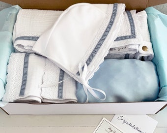 Baby Boy Deluxe Boxed Gift Set {Heirloom Collection} White & Blue - Blanket + 2 Burp Cloths + Bonnet + Bib + Lovey, Option to Personalize