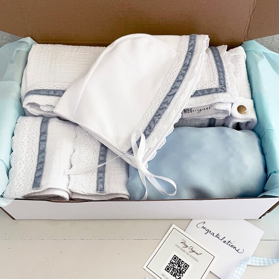 Baby Boy Deluxe Boxed Gift Set {Heirloom Collection} White & Blue - Blanket + 2 Burp Cloths + Bonnet + Bib + Lovey, Option to Personalize