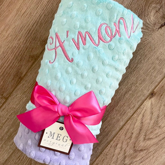 Lavender & Aqua Minky Dot Baby Girl Blanket + Option to Personalize with Name or Initial Monogram - Beautiful Baby Shower Gift