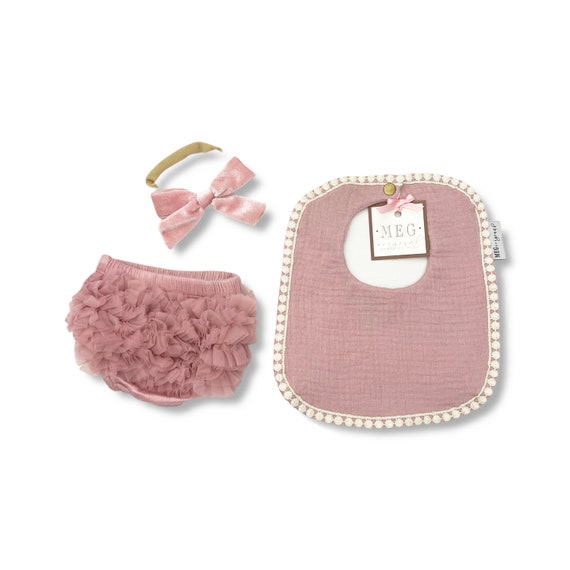 Newborn Baby Girl Gift Set in Vintage Pink { Ruffle Bloomer, Snap Bib, Velvet Bow Headband } Rose Mauve & Ivory Infant Photo Props