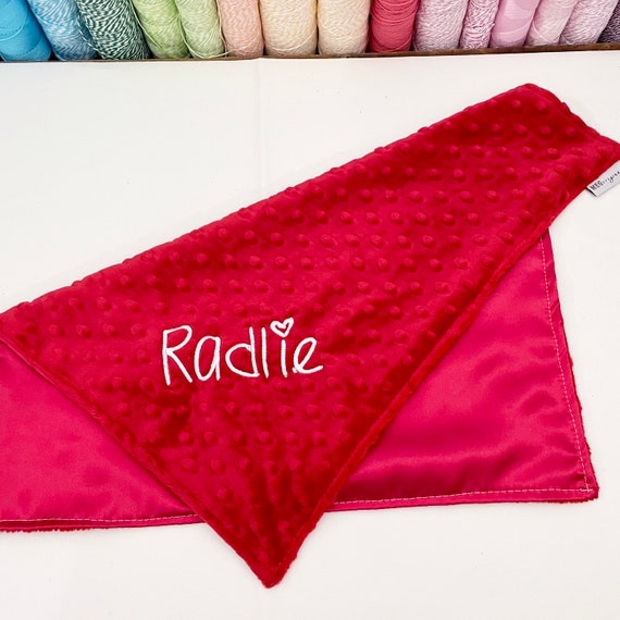 Satin + Minky Baby Security Blanket / Lovey with Loop { Red Satin } Choice of Minky Dot Color + Personalize with Embroidered Name/Initials