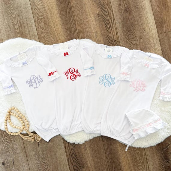 Newborn Baby Girl Outfit, Monogrammed Bow Gown, Bonnet and Socks - Personalized Layette Set