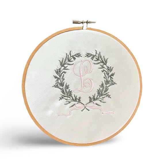 Custom Baby Boy or Girl Nursery Wall Hoop Decor- Sweet Personalized Embroidered Initial Crest with Stork or Wreath in Your Font & Colors