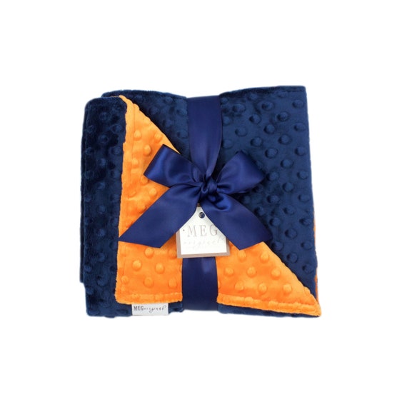 Navy Blue & Orange Minky Dot Baby Boy Blanket { Shower Gift } Option to Personalize w/ Name + Initials Monogram, Security-Crib-Stroller Size