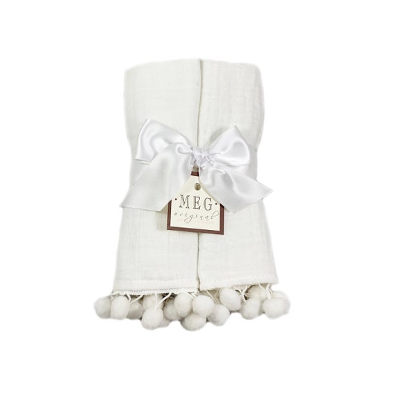 Cotton Baby Burp Cloth Set of 2 { Heirloom Collection } White Pompoms + Option to Personalize