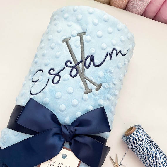 Navy Blue and Baby Blue Minky Dot Baby Boy Blanket Shower Gift with Option to Personalized with Embroidered Name, Date, and/or Initials