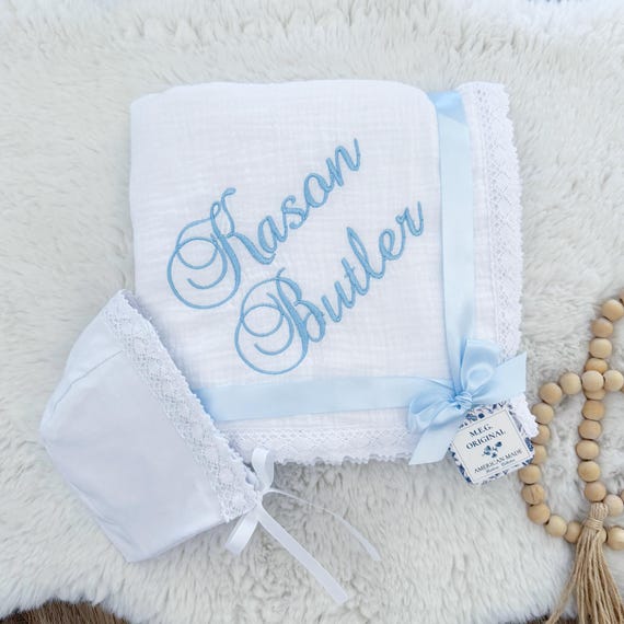 Personalized White Heirloom Baby Blanket, Swaddle or Crib Size, Embroidered Name or Initials Monogram