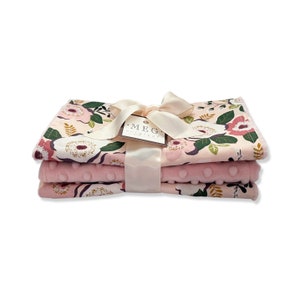 Peach Floral Baby Girl Burp Cloth Set of 3, Absorbent Cotton & Soft Minky Burping Cloths with Option to Personalize with Name or Monogram image 5