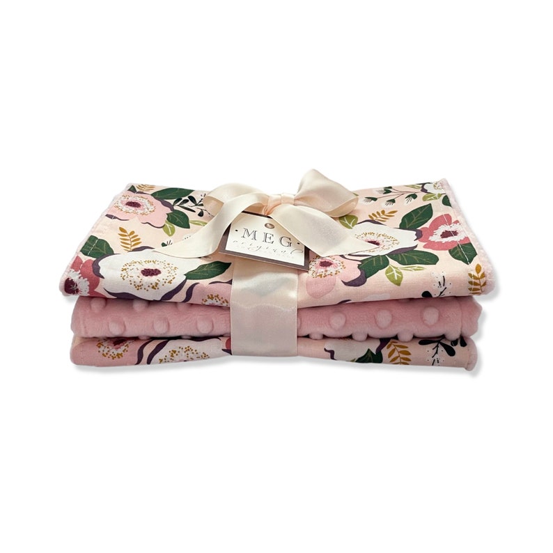 Peach Floral Baby Girl Burp Cloth Set of 3, Absorbent Cotton & Soft Minky Burping Cloths with Option to Personalize with Name or Monogram image 5