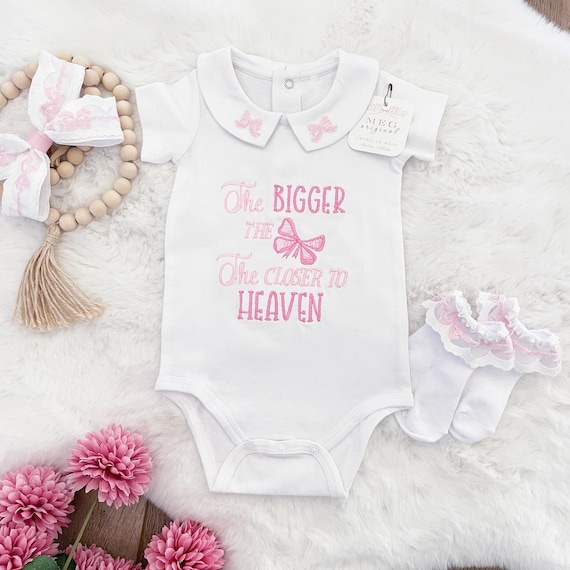The BIGGER the Bow, the Closer to Heaven { Newborn Baby Girl Collared Romper & Pink Lace Bow Set } Popular Shower Gift, Gender Reveal Gift