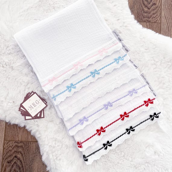 Cotton & Lace Baby Burp Cloths in Your Choice of Pink, Blue, Red, Lavender, Black, White Bows + Personalize with Name/Initials Monogram