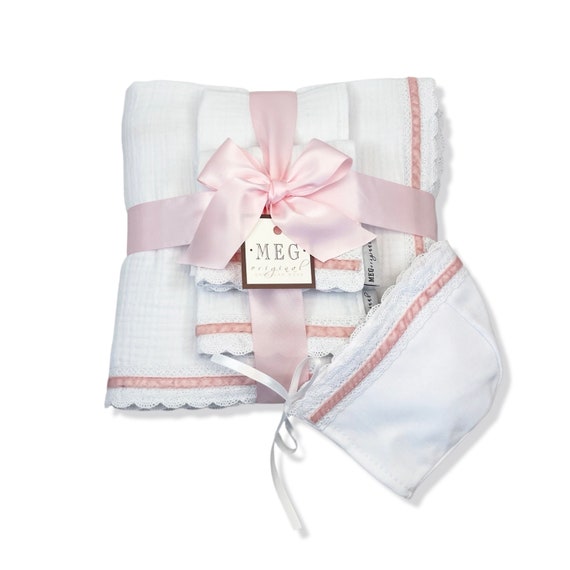 Baby Girl Deluxe Boxed Gift Set {Heirloom Collection} White & Pink - Blanket + 2 Burp Cloths + Bonnet + Bib + Lovey, Option to Personalize