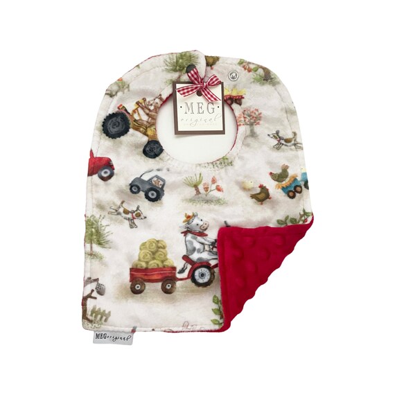 Baby-to-Toddler Adjustable Snap Bib { Funny Farm } Gender Neutral / Unisex - Animals + Tractors, Soft Minky
