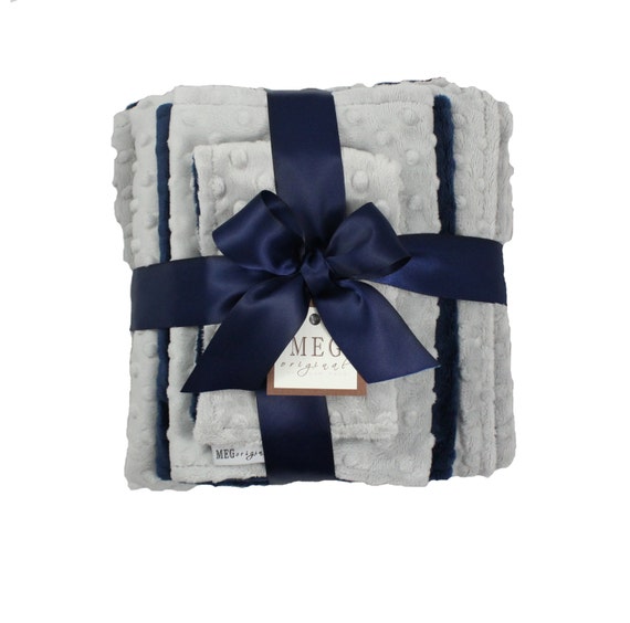 Navy Blue & Gray Minky Dot Baby Boy Gift Set { Blanket + Burp Cloth + Bib } Option to Personalize with Name or Initials Monogram