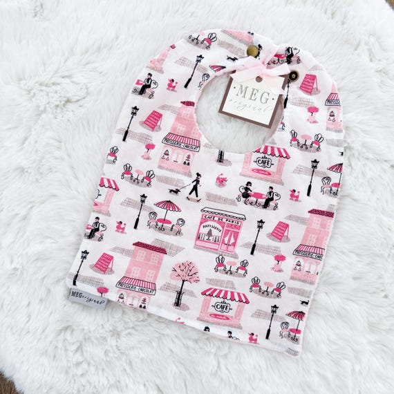 French Cafe Baby / Toddler Girl Adjustable Snap Bib, Soft & Absorbent