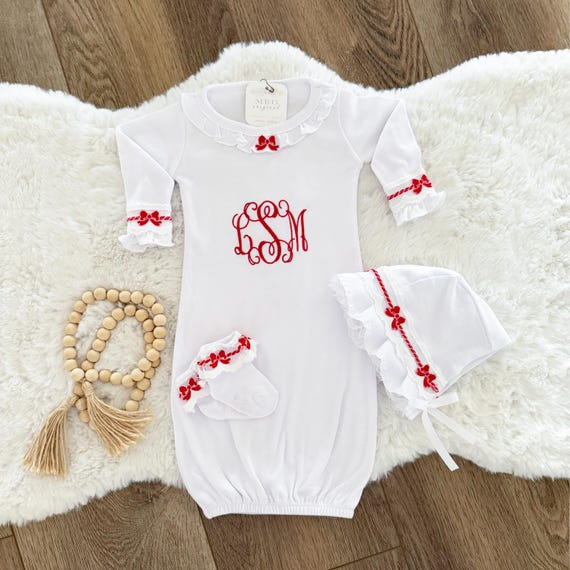 Personalized Baby Girl Going Home Outfit, Red Bow Lace Trim, Embroidered Cotton Gown Set