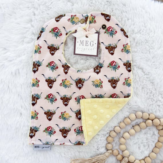 Highland Cow Bib for Baby Girls { Baby-to-Toddler Adjustable Snap Bibs } Soft Absorbent Cotton
