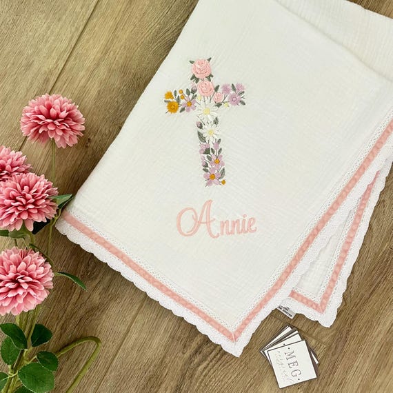Personalized Baby Swaddle Blanket + Delicate Lace Trim { Floral Embroidered Cross } Christening, Baptism, Dedication + Name & Date