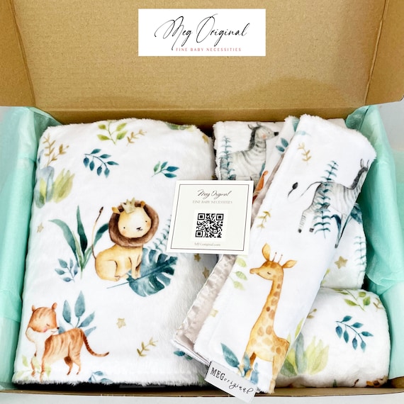 Deluxe Boxed Baby Gift Set { Safari Babies } Soft Animals in Crowns Minky - Blanket + 2 Burp Cloths + Bib + Lovey, Option to Personalize