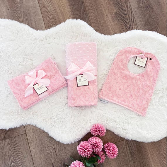 Sweet Baby Shower Gift Set { Pink Peter Rabbit Toile } Blanket + Burp Cloth + Bib with option to Personalize with Name or Initials Monogram