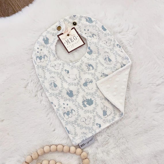 Peter Rabbit Toile Bib { Baby-to-Toddler Adjustable Snap Bibs } Beatrix Potter - Soft Cotton, Absorbent, & Durable, Baby Blue and Ivory