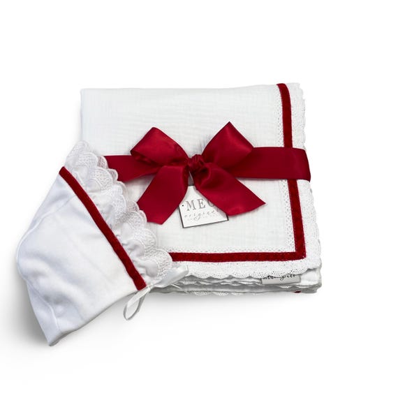 White with Red Velvet Trim Baby Swaddle Blanket & Bonnet Set { Heirloom Collection } Made and Ready to Ship Same Day, CLEARANCE