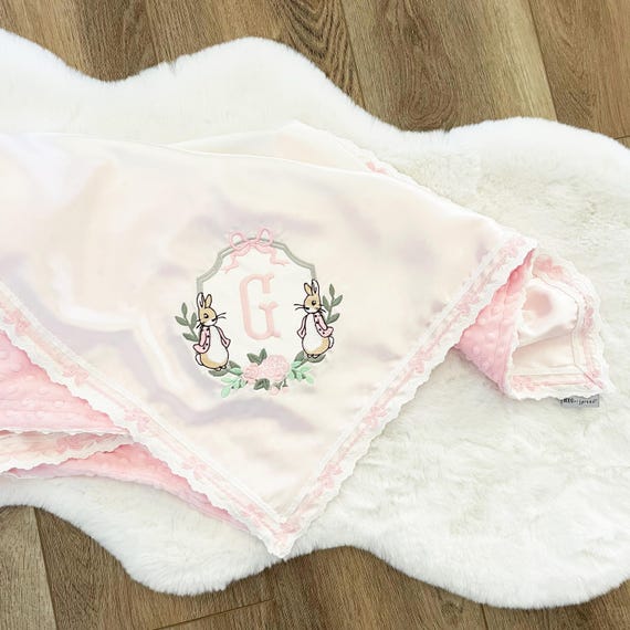 Peter Rabbit Themed Baby Girl Custom Embroidered Initial Blanket { Ivory Satin and Pink Minky Dot } with Pink Bow Lace Trim-Choose Your Size