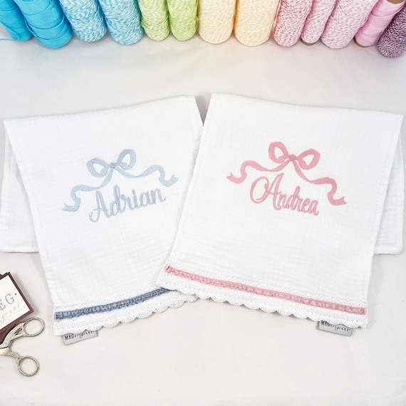 Absorbent Cotton Baby Burp Cloths { Heirloom Collection } White, Blue, Pink, Lilac, Beige + Lovely Embroidered Bow with Name or Initials