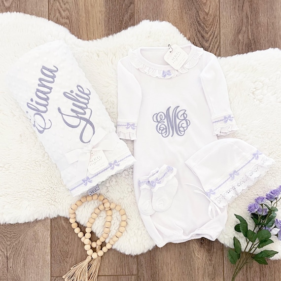 Beautiful Newborn Baby Girl Going Home Set { Lavender Bows Gown, Lace Bonnet, Blanket & Ruffle Sock Set } Personalized Embroidered Initials