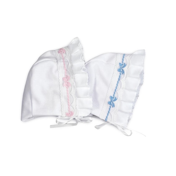 White Baby Girl Lace Ruffle Easter Bonnet in Pink or Blue Bows, 0-6 months Adjustable Tie Cap/Sun Hat Newborn Infant Photography/Photo Prop