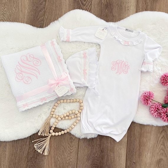 Beautiful Heirloom Baby Girl Swaddle Blanket, Gown, and Bonnet Set with Monogram { White & Pink Bows } Infant / Newborn Photo / Photography