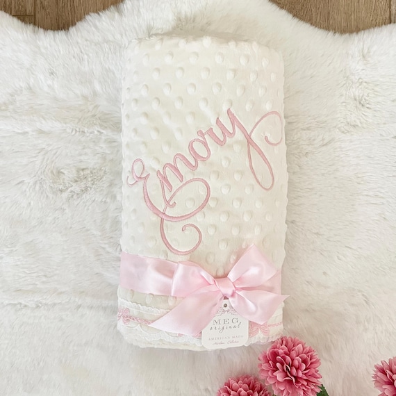 Heirloom Baby Girl Blanket { Pink Bows } Minky Dot Blanket in Your Choice of Color with Option to Embroider Name or Initials