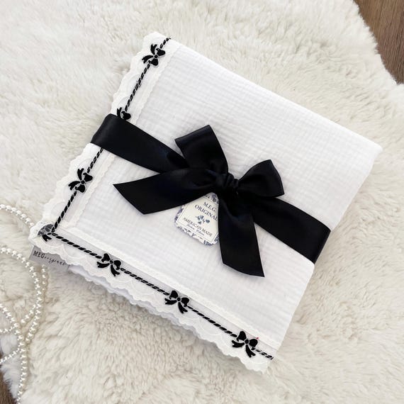 Heirloom Baby Girl Blanket { White & Black Bows } Cotton Swaddle Blanket with Delicate Bow Trim Finishing, Ready to Ship