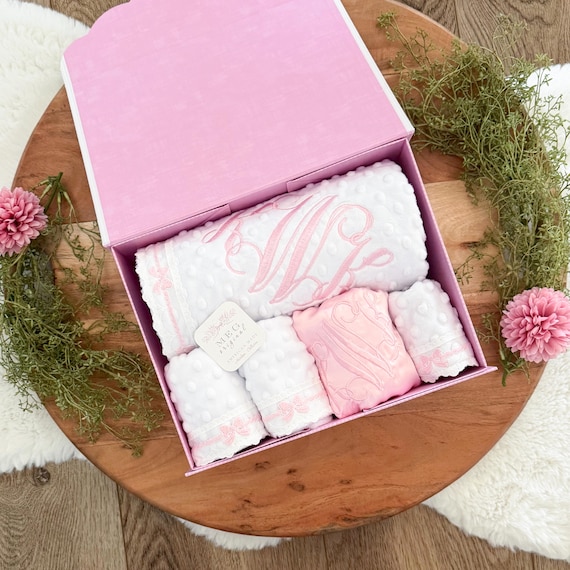 Personalized Baby Gift Box Set – Minky Blanket, Bib, Burp Cloths - White with Pink Bows