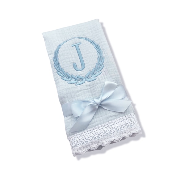 Handsome Baby Boy Burp Cloth Set { Heirloom Collection } Sky Blue & White, 100% Cotton Soft and Absorbent + Personalize with Name / Initials