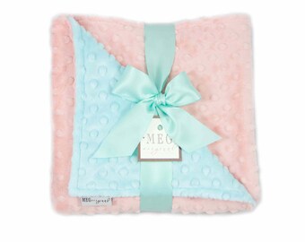 Peach & Aqua Minky Dot Baby Girl Blanket { Shower Gift } Option to Personalize with Name or Initials Monogram, Security- Crib- Stroller Size