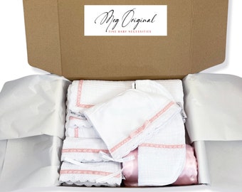 Baby Girl Deluxe Boxed Gift Set {Heirloom Collection} White & Pink - Blanket + 2 Burp Cloths + Bonnet + Bib + Lovey, Option to Personalize