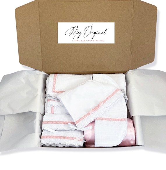 Baby Girl Deluxe Boxed Gift Set {Heirloom Collection} White & Pink - Blanket + 2 Burp Cloths + Bonnet + Bib + Lovey, Option to Personalize